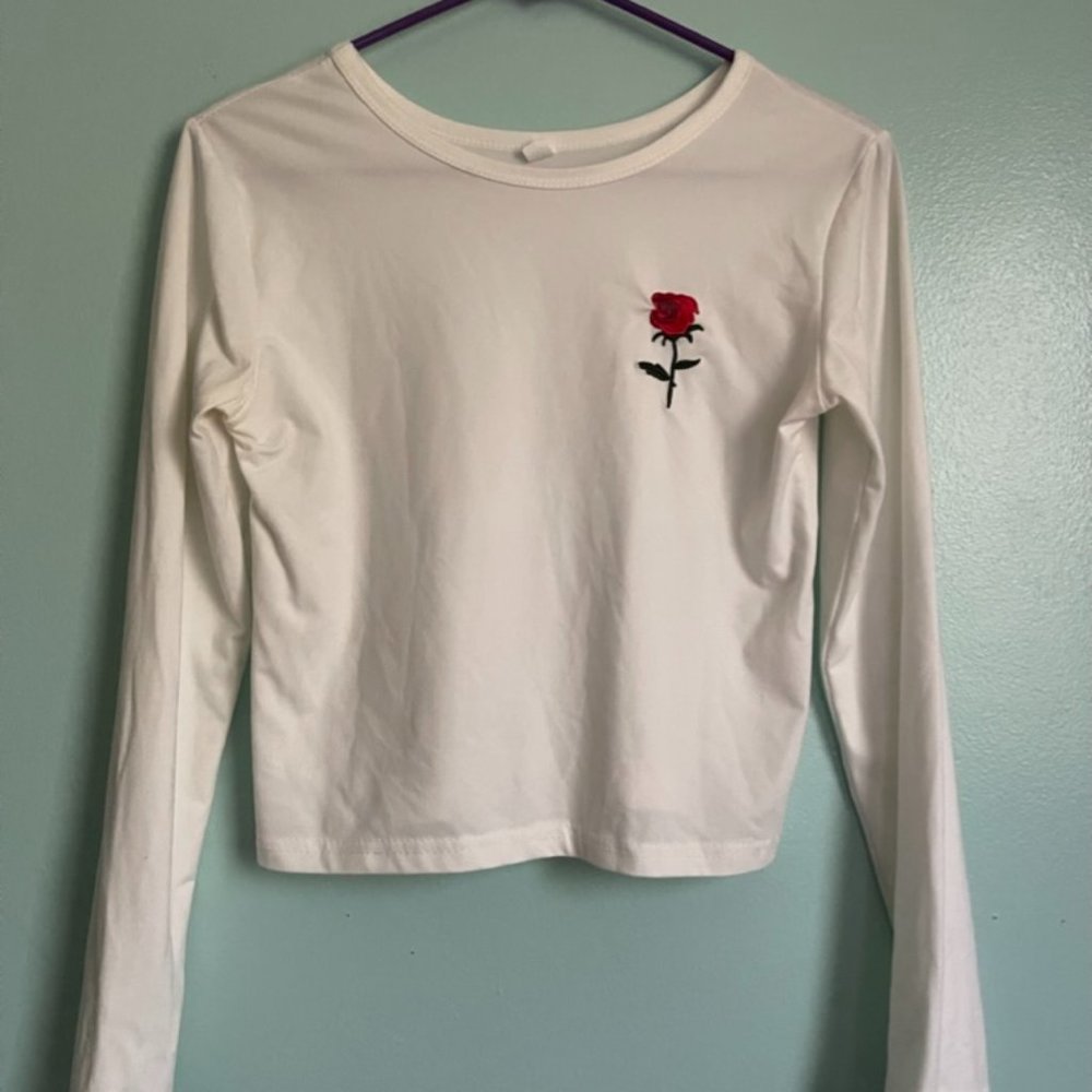 White long sleeve crop top with rose